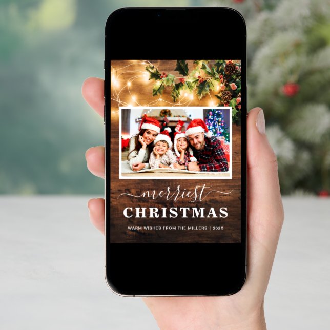 Merriest Christmas Rustic String Lights 4 Photo Holiday Card (Front Digital)