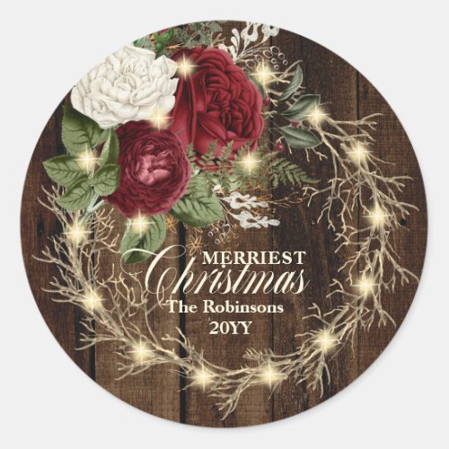 Merriest Christmas _ Rustic Woodsy Lighted Wreath Classic Round Sticker