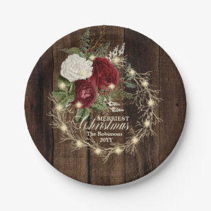 Merriest Christmas - Rustic Woodsy Lighted Wreath Paper Plates