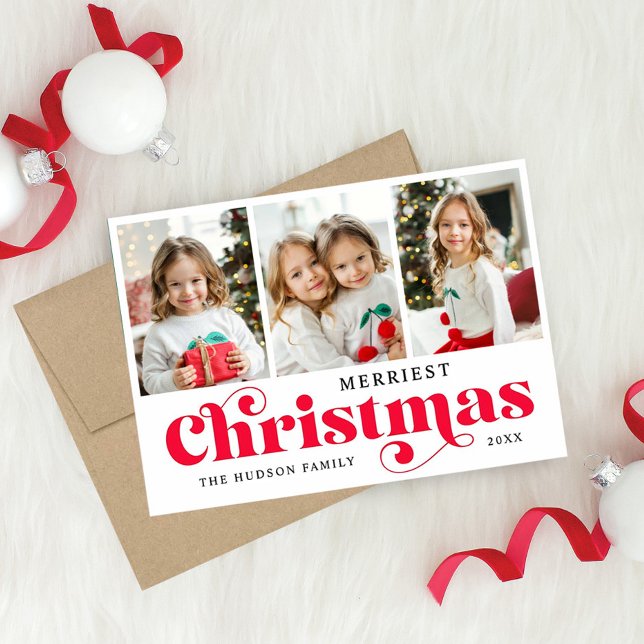 Merriest Christmas Script Collage Letterpress Photo Cards (Creator Uploaded)