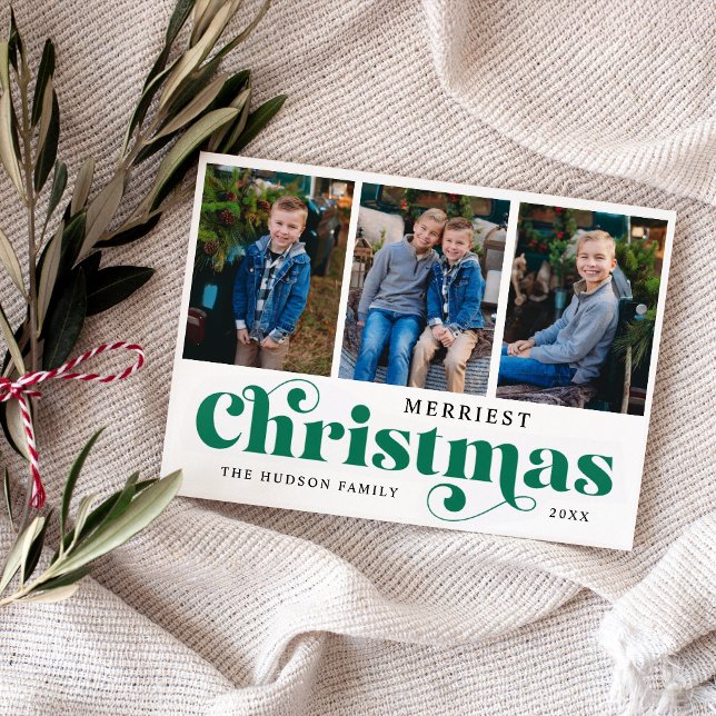 Merriest Christmas Script Collage Letterpress Photo Cards (Creator Uploaded)