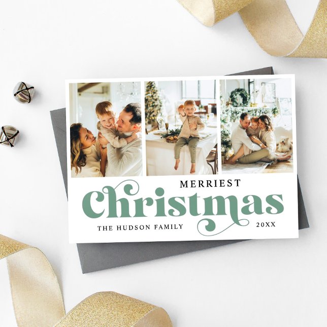 Merriest Christmas Script Collage Letterpress Photo Cards (Creator Uploaded)