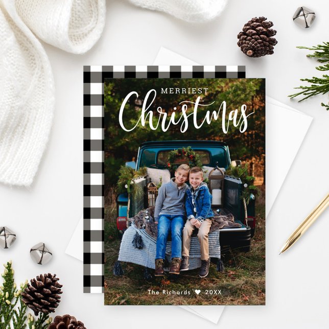 Merriest Christmas Script Photo Gingham Back Holiday Card (Creator Uploaded)