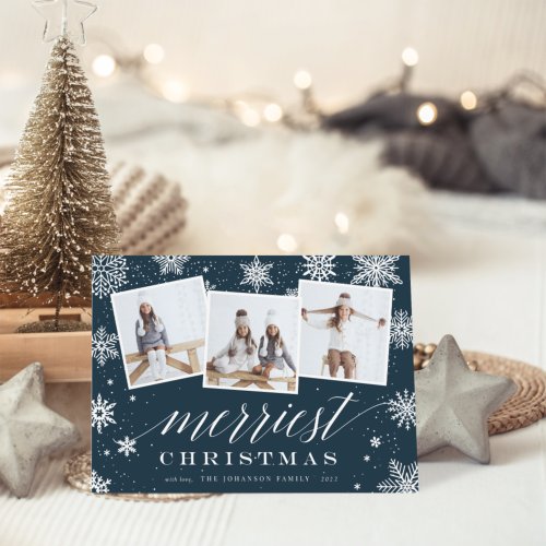 Merriest Christmas  Snowflake 3 Photo Collage Holiday Card