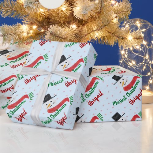 Merriest Christmas Snowman and Any Name Wrapping Paper