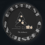 Merriest Christmas Tree Black Paper Plates<br><div class="desc">The words Merriest Christmas in retro vintage lettering, a white sketch tree with faux gold foil ornaments and gifts are featured on these black paper plates - available in 2 sizes - personalized with your family name. Stylish for any Christmas holiday occasion or give as a hostess gift. MATCHING items...</div>
