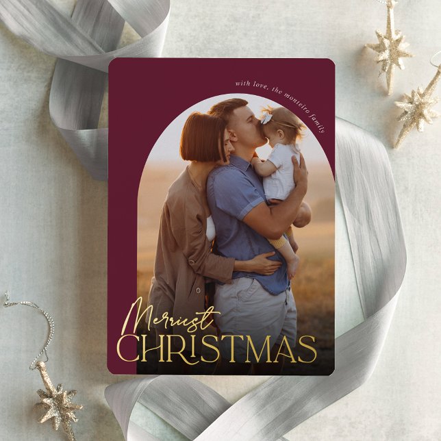 Merriest Christmas Vertical Photo Arch Foil Holiday Card (Creator Uploaded)