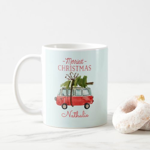 merriest christmas watercolor car coffee mug