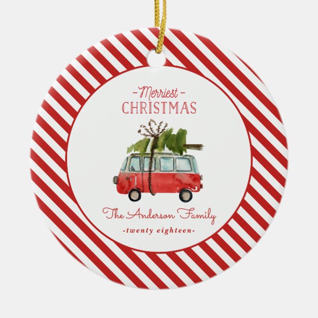 merriest christmas watercolor car photo ceramic ornament (Front)