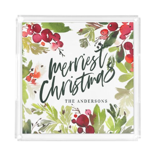 Merriest christmas watercolor floral Holiday Acrylic Tray