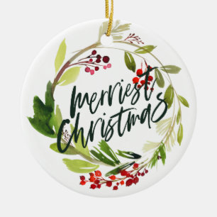Merriest Christmas watercolor floral Holiday Ceramic Ornament