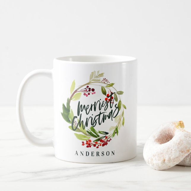 Merriest Christmas watercolor floral Holiday Coffee Mug (With Donut)