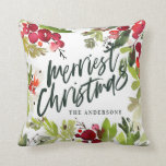 Merriest Christmas watercolor floral Holiday Throw Pillow<br><div class="desc">Merriest Christmas watercolor floral script text Holiday card. Part of a collection. Ideal family or friend gift.</div>