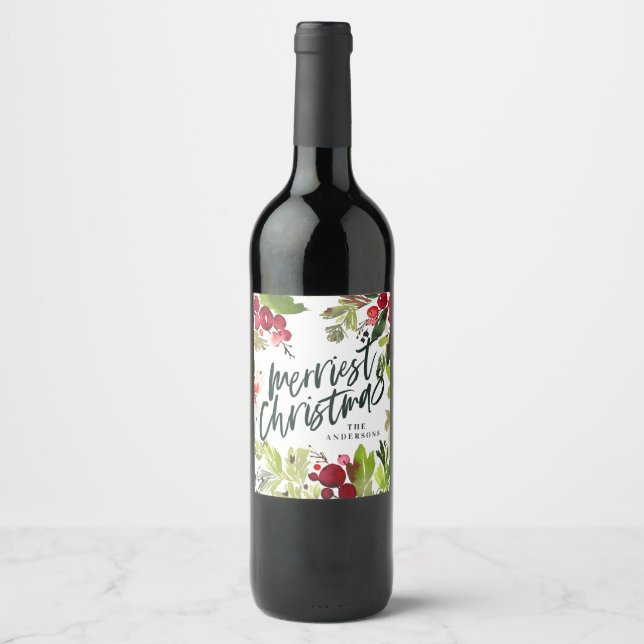 Merriest Christmas watercolor floral script Wine Label (Front)