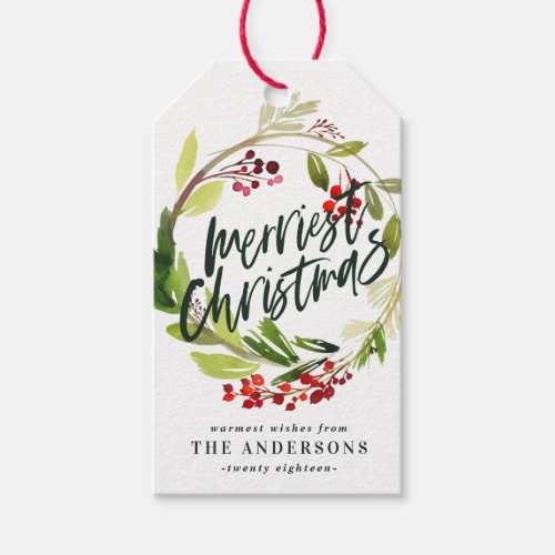 Merriest Christmas watercolor foliage floral Gift Tags