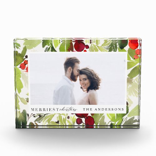 Merriest Christmas watercolor foliage Holiday Photo Block