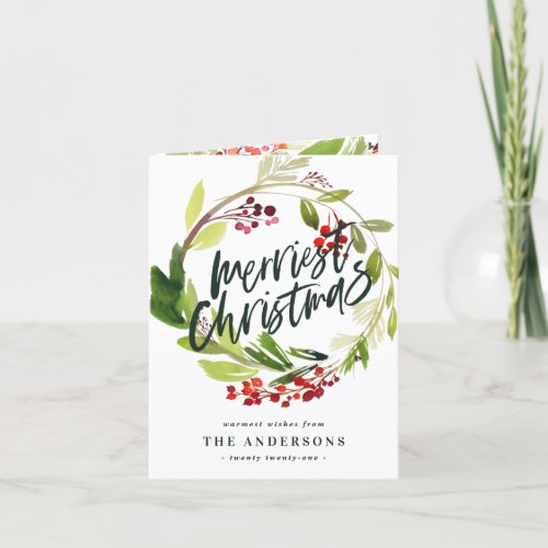 Merriest Christmas watercolor foliage photo card