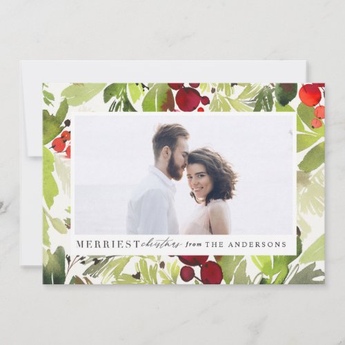 Merriest Christmas watercolor foliage photo Holiday Card