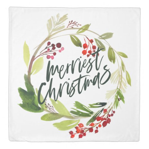 merriest christmas watercolor red berry foliage duvet cover