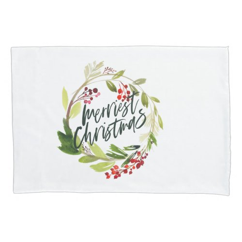 Merriest Christmas watercolor red berry foliage Pillow Case