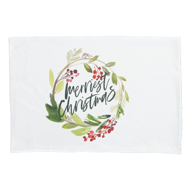 Merriest Christmas watercolor red berry foliage Pillow Case (Front)