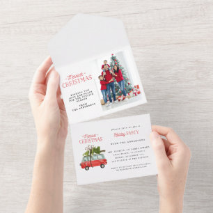 merriest christmas watercolor vintage car holiday  all in one invitation