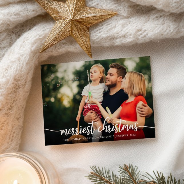 Merriest Christmas White Calligraphy Full Photo Postcard (Creator Uploaded)