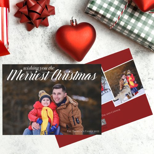 Merriest Christmas White Script Overlay Photo Holiday Card