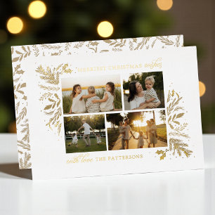 Merriest Christmas Wishes 4 Photo Botanical Floral Foil Holiday Card
