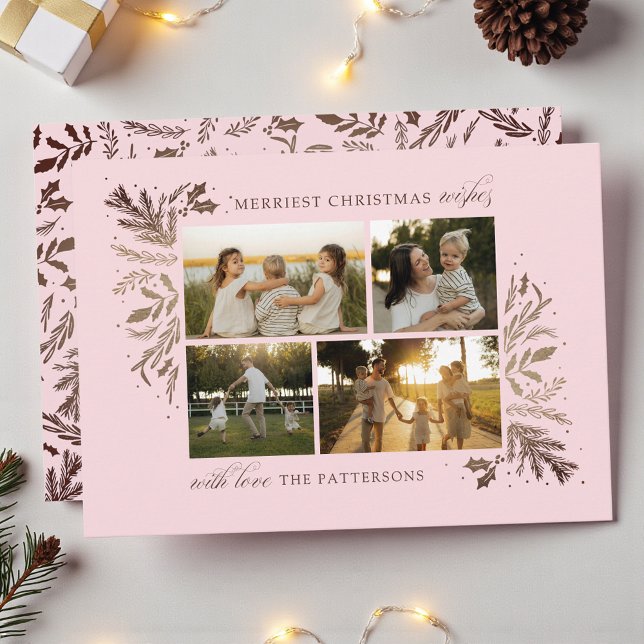 Merriest Christmas Wishes 4 Photo Botanical Floral Holiday Card (Creator Uploaded)
