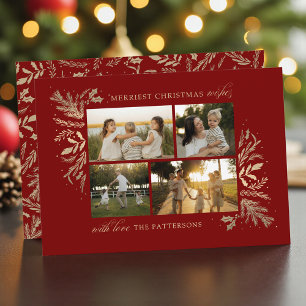Merriest Christmas Wishes 4 Photo Botanical Floral Holiday Card