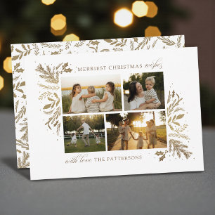 Merriest Christmas Wishes 4 Photo Botanical Floral Holiday Card