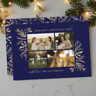 Merriest Christmas Wishes 4 Photo Botanical Floral Holiday Card