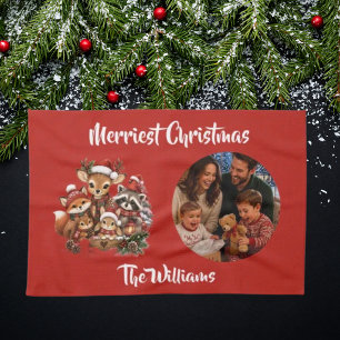 Merriest Christmas Woodland Creatures Family Photo Kitchen Towel
