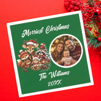 Merriest Christmas Woodland Creatures Family Photo Napkins