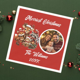 Merriest Christmas Woodland Creatures Family Photo Napkins
