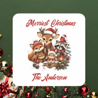 Merriest Christmas Woodland Creatures Family  Square Sticker