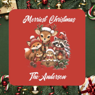 Merriest Christmas Woodland Creatures Family  Square Sticker