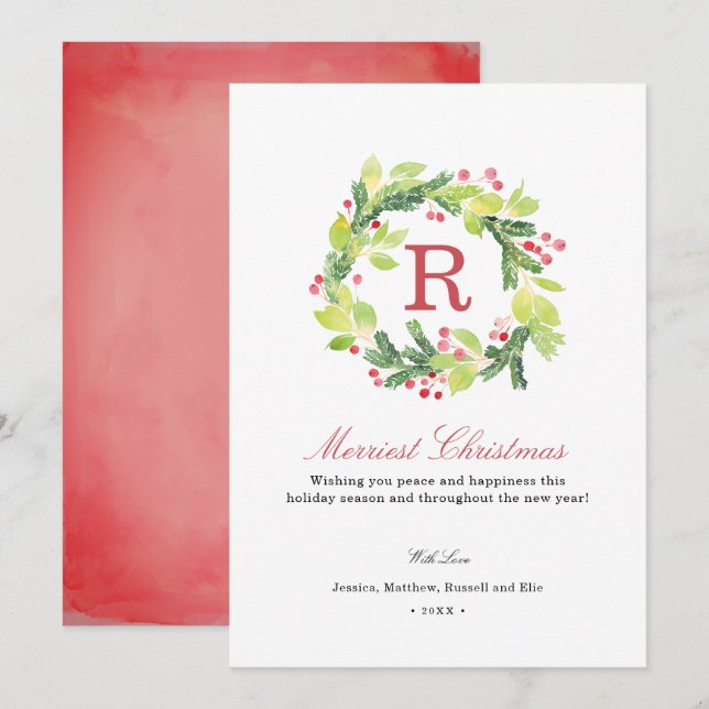 Merriest Christmas Wreath Monogram Holiday Card (Front/Back)