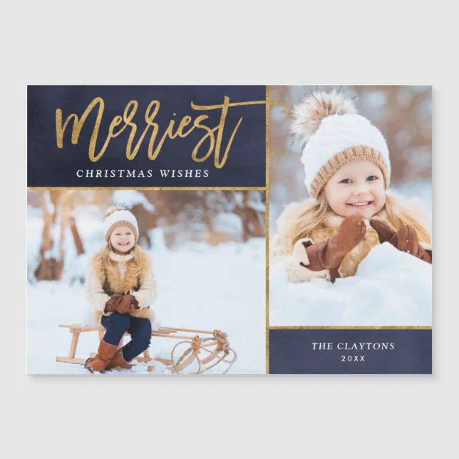 Merriest Faux Foil 2 Photo Magnetic Christmas Card 