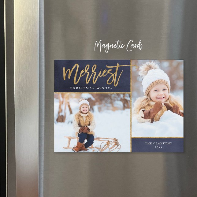 Merriest Faux Foil 2 Photo Magnetic Christmas Card (Creator Uploaded)