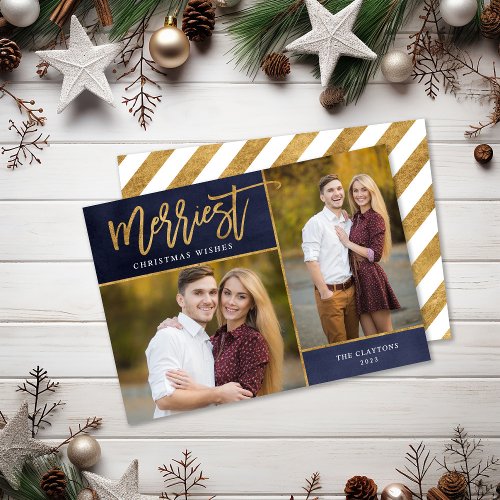 Merriest Faux Gold Foil 2 Photo Christmas Holiday Card