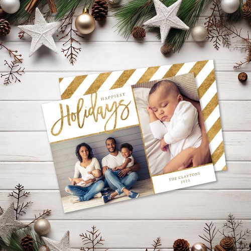 Merriest Faux Gold Foil 2 Photo Christmas Holiday Card