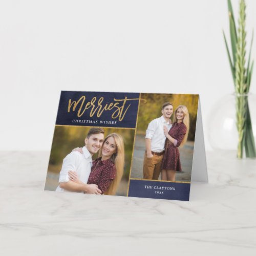 Merriest Faux Gold Foil 2 Photo Christmas Holiday Card