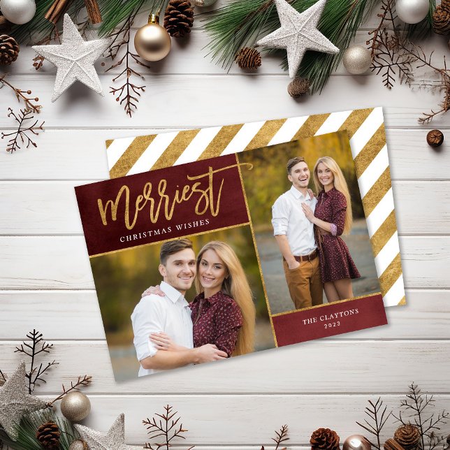 Merriest Faux Gold Foil 2 Photo Flat Holiday Card (Creator Uploaded)