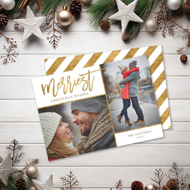 Merriest Faux Gold Foil 2 Photo Flat Holiday Card (Creator Uploaded)