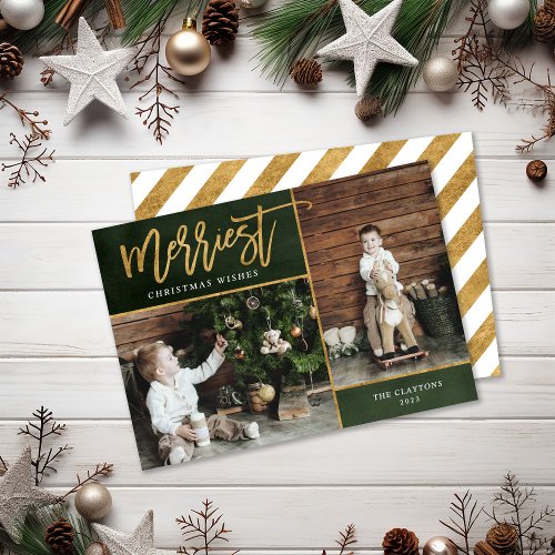 Merriest Faux Gold Foil 2 Photo Flat Holiday Card