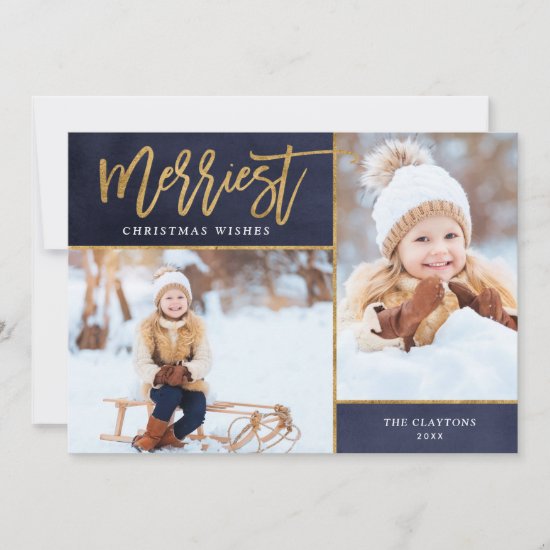 Merriest Faux Gold Foil 2 Photo Flat Holiday Card