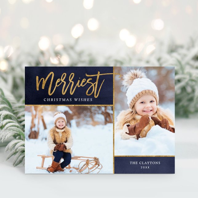 Merriest Faux Gold Foil 2 Photo Folded Holiday Card (Creator Uploaded)