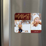 Merriest Faux Gold Foil 2 Photo Holiday Magnet<br><div class="desc">Custom printed holiday photo magnets with simple templates for customization. This elegant design features a 2 photo collage layout on a burgundy watercolor background. Modern calligraphy script text says Merriest in faux gold foil. Personalize it with your own pictures, and add the year or other custom text below. Please note...</div>
